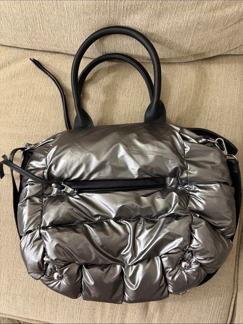 Source Unknown Metallic Silver Puffer Tote with Top Handles